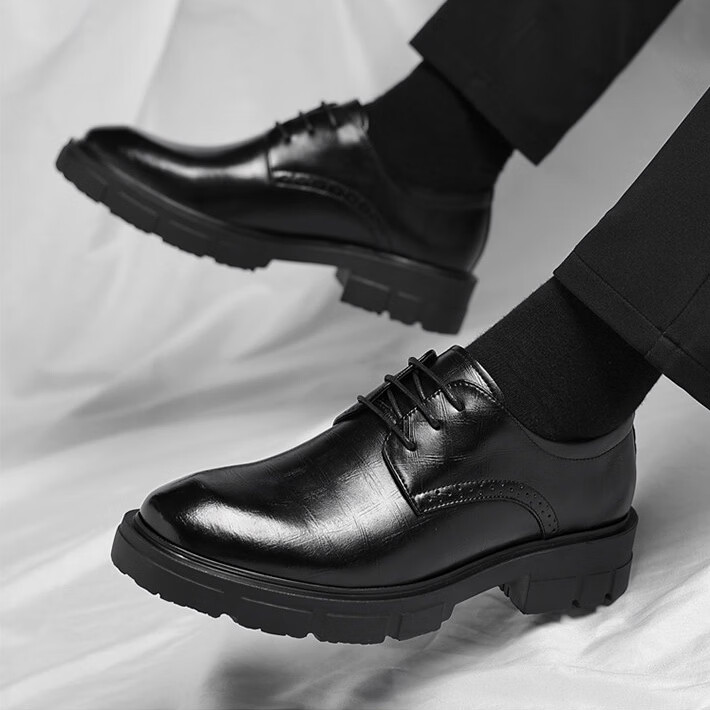 Walker Shop品牌皮鞋男款内增高男士皮鞋2026商务高端休闲真皮英伦正装鞋子男 黑色【隐形内增高8cm】 38