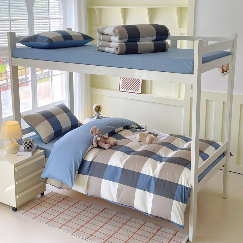 ROLAND LIVE全棉12868印花四件套被套床单纯棉学生宿舍上下床三件套床上用品 CW 全棉学生床套件-蓝大格 0.9米床 床笠款 【被套155*200cm】