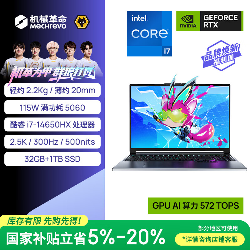 机械革命【国家补贴】极光X 潮玩版 酷睿i7HX 游戏本笔记本电脑(i7-14650HX 32G 1T RTX5060 300Hz 灰)