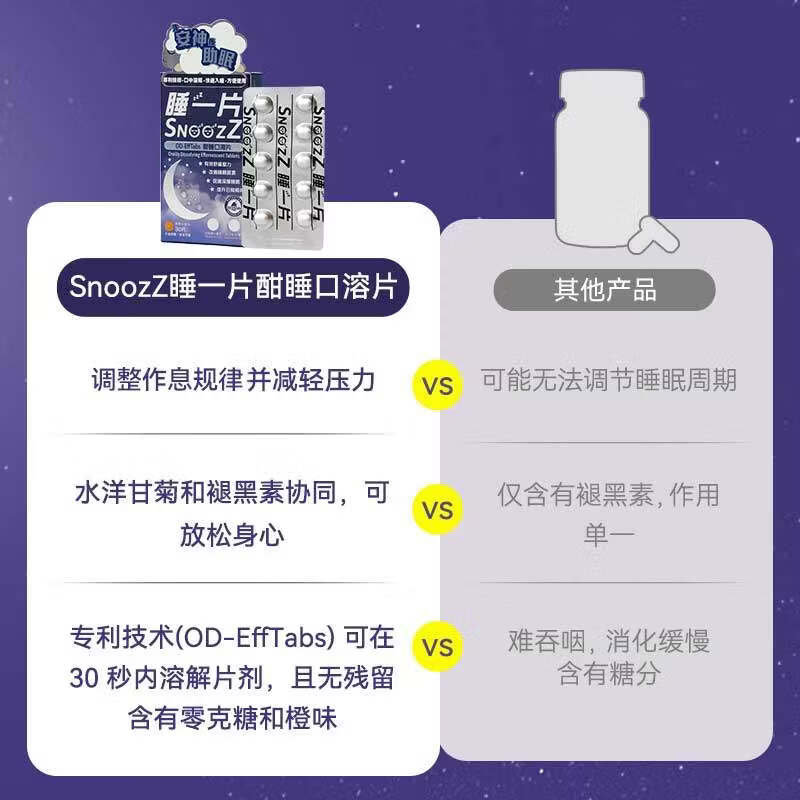 万宁(mannings)Snoozz香港万宁睡一片酣睡口溶片褪黑素睡眠片安瓶助眠30片维生素