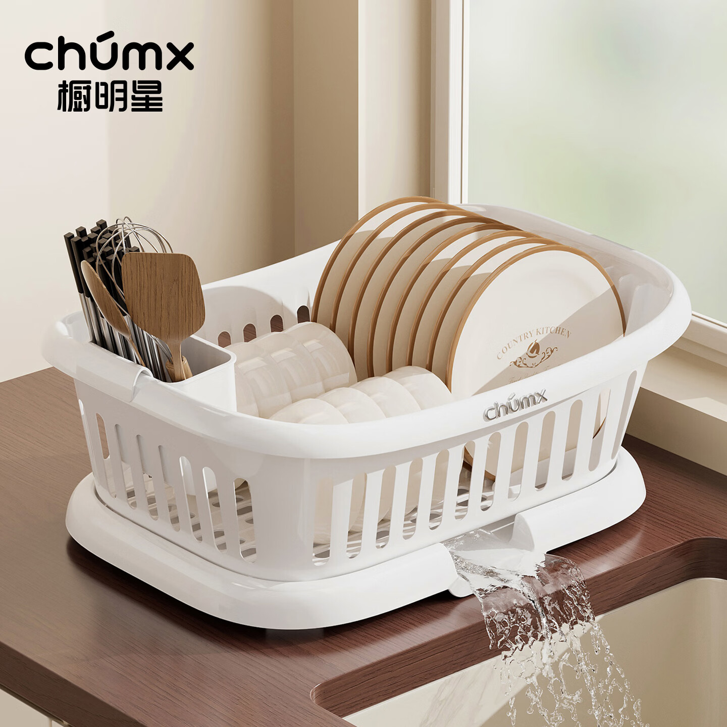 橱明星碗筷收纳盒塑料沥水篮厨房家用带盖多功能放碗碟盘碗柜餐具收纳架 沥水碗架-优雅白