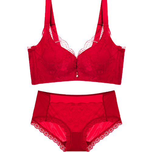 千奈美蕾丝上薄下厚聚拢文胸套装喜庆本命年结婚内衣内裤 大红色套装 80B 配内裤
