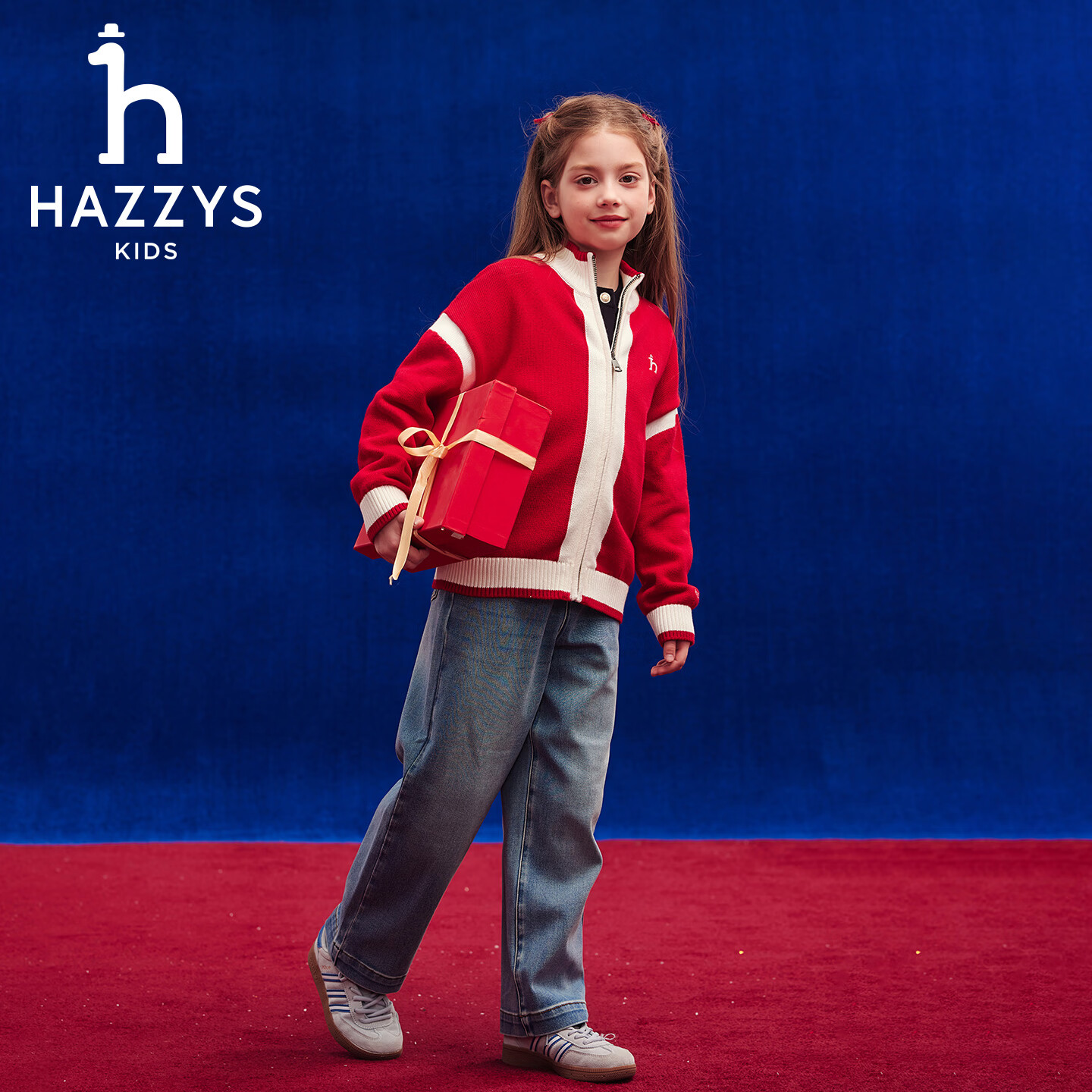 哈吉斯(HAZZYS)童装男女童毛衣2026春新年喜庆开衫针织上衣 藏蓝 165