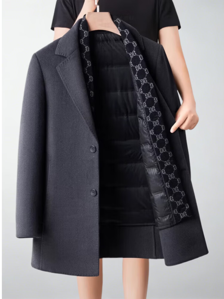 LILANG利郎冬季羽绒内胆双面呢大衣男羊绒中长款羊毛呢子外套毛呢厚 黑色 4XL 195