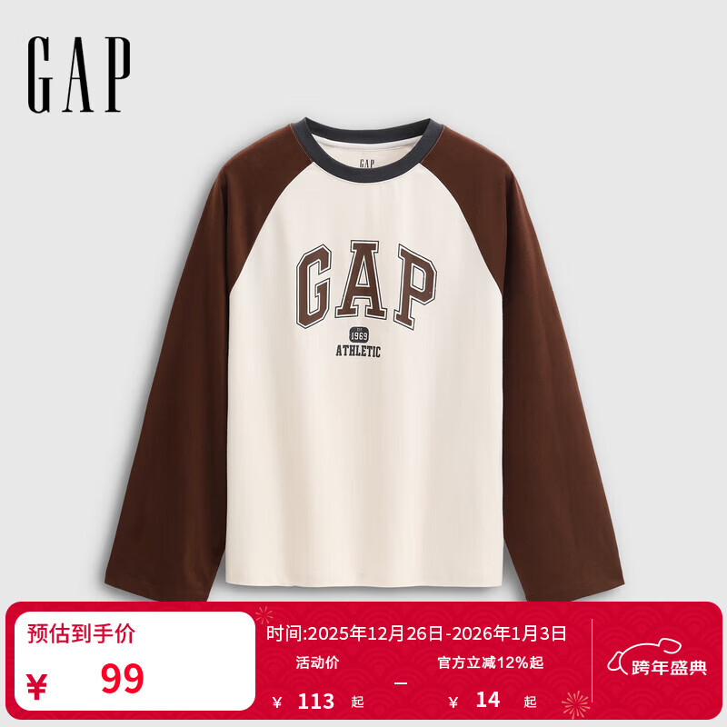 GAP女装2025秋季新款印花logo宽松纯棉圆领插肩长袖T恤上衣792682 象牙白 L (170/92A)亚洲尺码