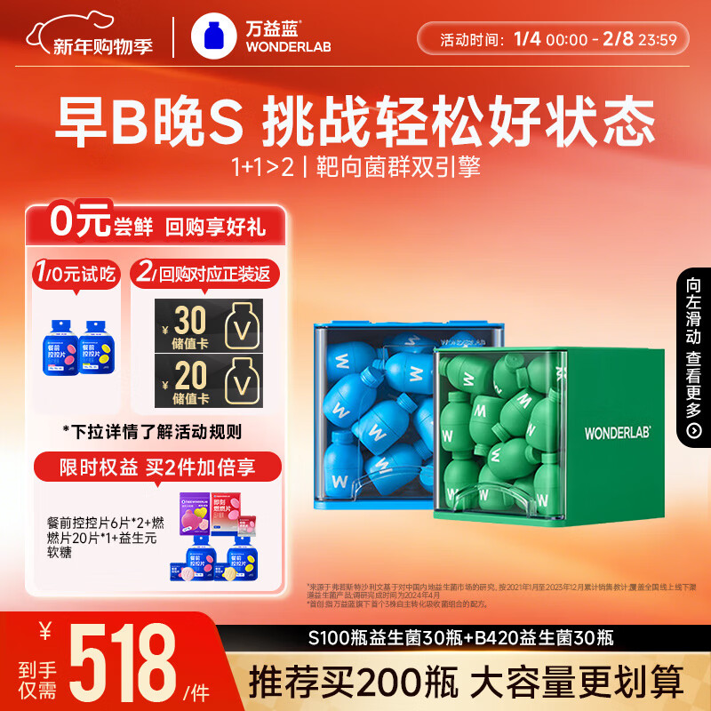 万益蓝WonderLab 早B晚S组合30瓶+30瓶 B420益生菌S100益生元棕色脂肪