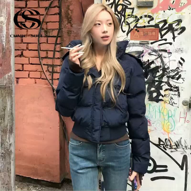 COMIC SOUL2026年秋季小羽绒棉袄羽绒棉服女新款韩系穿搭小个子大毛领短款羽 藏青色 S