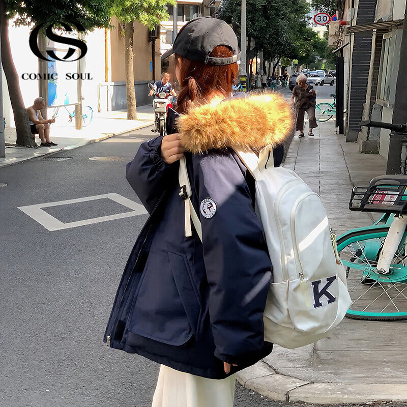 COMIC SOUL派克服工装羽绒棉服女2026年秋季新款设计感小众oversize棉袄外套 藏青色 S