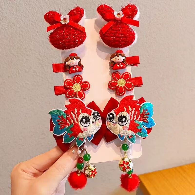 【严选百货】2025新年儿童发夹红色蝴蝶结宝宝刘海侧边夹女孩头饰 2套#绒毛蝴蝶+花朵仙女