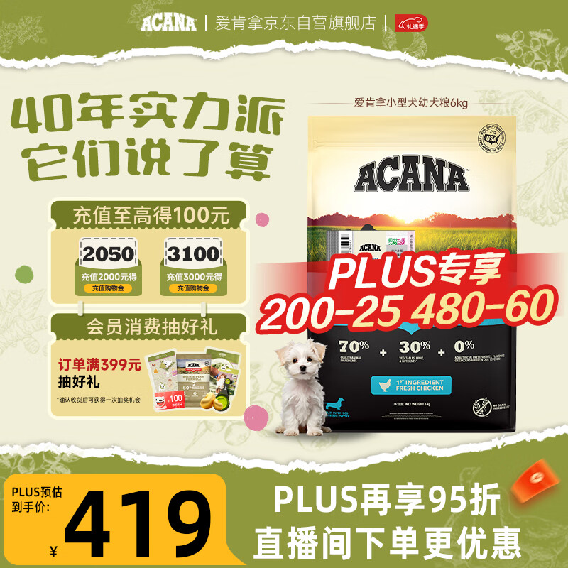 愛肯拿（ACANA）狗粮 幼犬小型犬 全价小颗粒无谷鸡肉高蛋白进口犬粮6kg 效期26/8