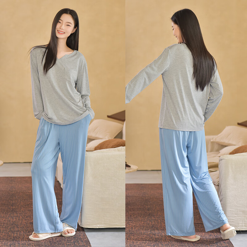 轩靓（XULEN）莫代尔睡衣女春秋款休闲长袖可外穿慵懒风宽松凉感家居服套装 64704花灰 L 建议体重100-120斤