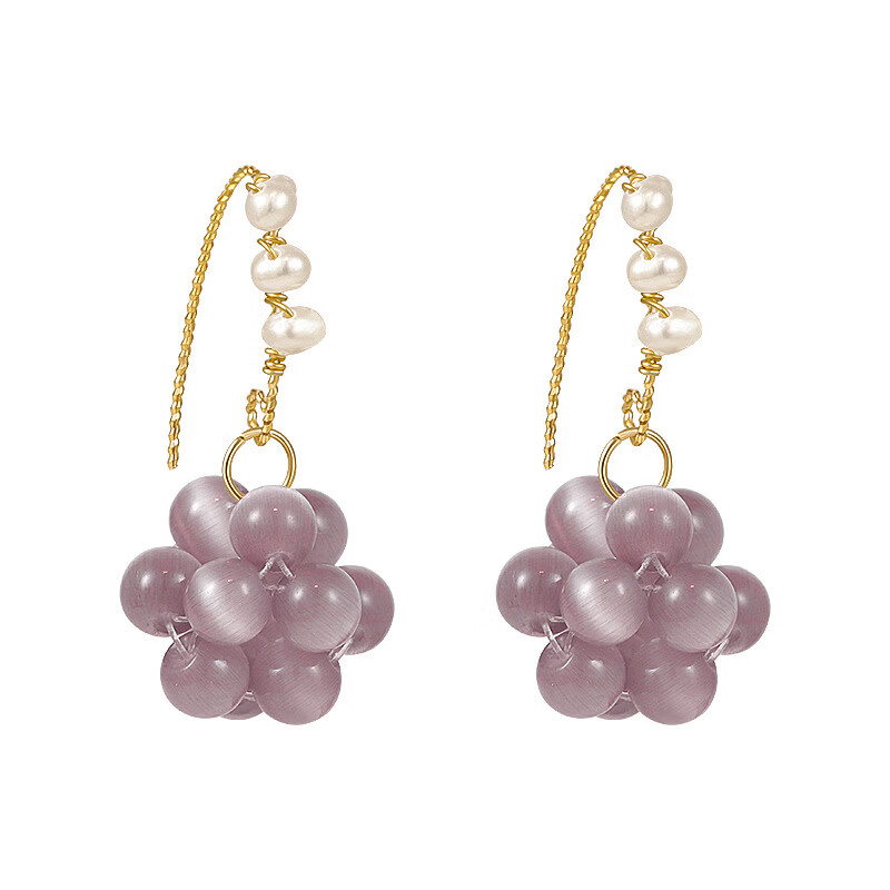 淡珍珠紫色猫眼石耳环手工编织耳钩女轻奢小众设计网红气质耳饰 淡水珍珠紫色猫眼石耳钩