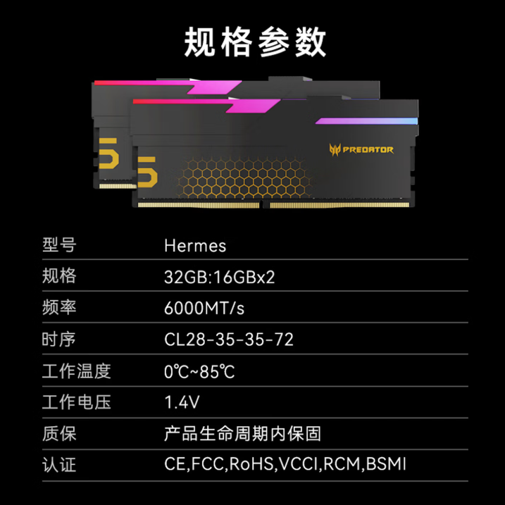 宏碁掠夺者(PREDATOR)DDR5 台式机内存条 Hermes冰刃系列 RGB灯条 台式机电脑配件 6000频率 C28冰刃黑 48GB 1套 24*2