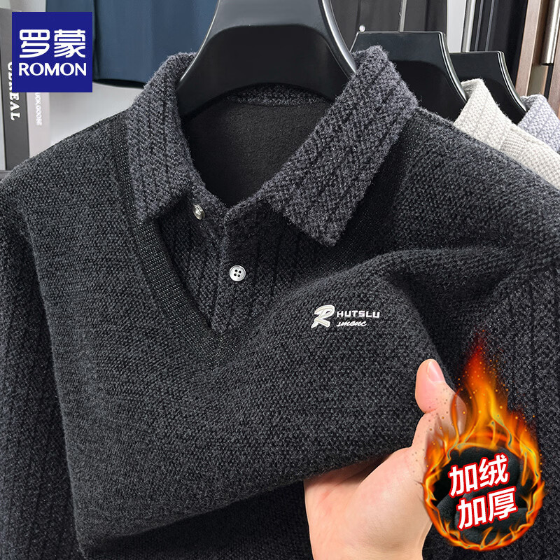 罗蒙（ROMON）仿雪貂绒加绒假两件毛衣男2025秋冬新款保暖针织打底衫男装上衣 222黑色 XL (175) (建议体重125-140斤)