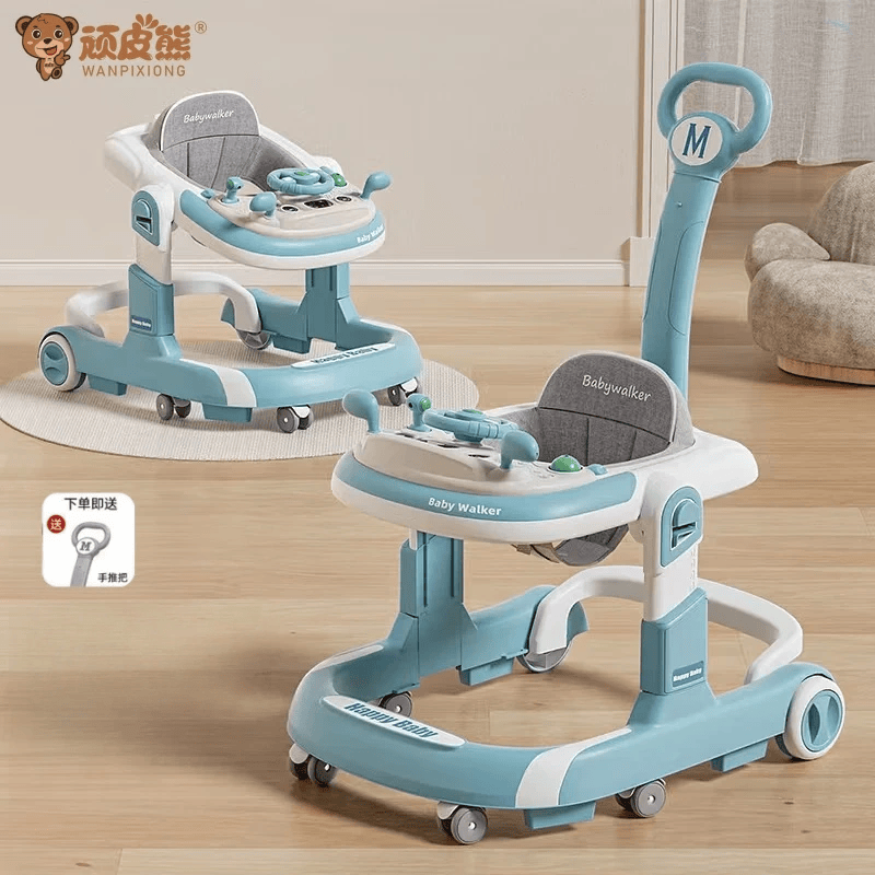顽皮熊婴儿学步车多功能助步车宝宝学走路可手推坐可折叠助步车 天蓝色+音乐玩具+推把