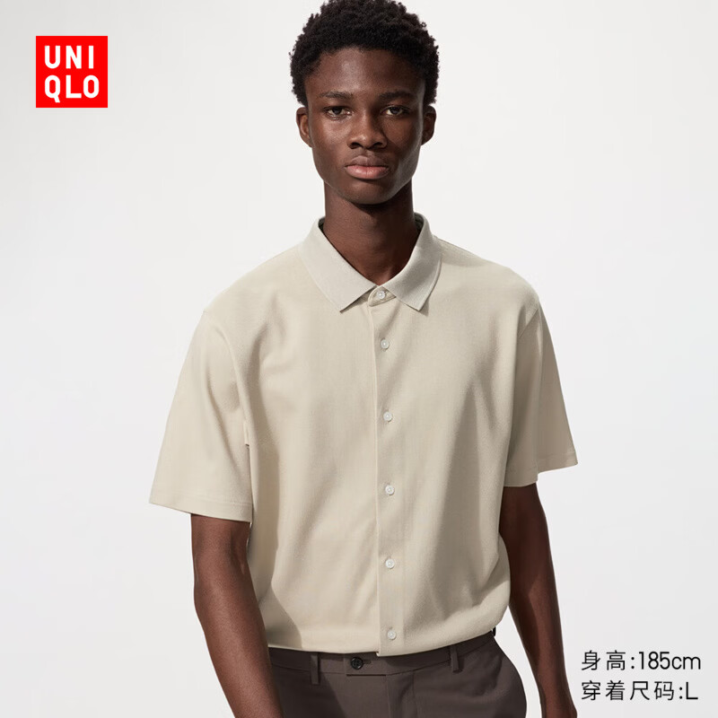 优衣库男装女装AIRism POLO开衫/短袖T恤482303 30 浅米色 L