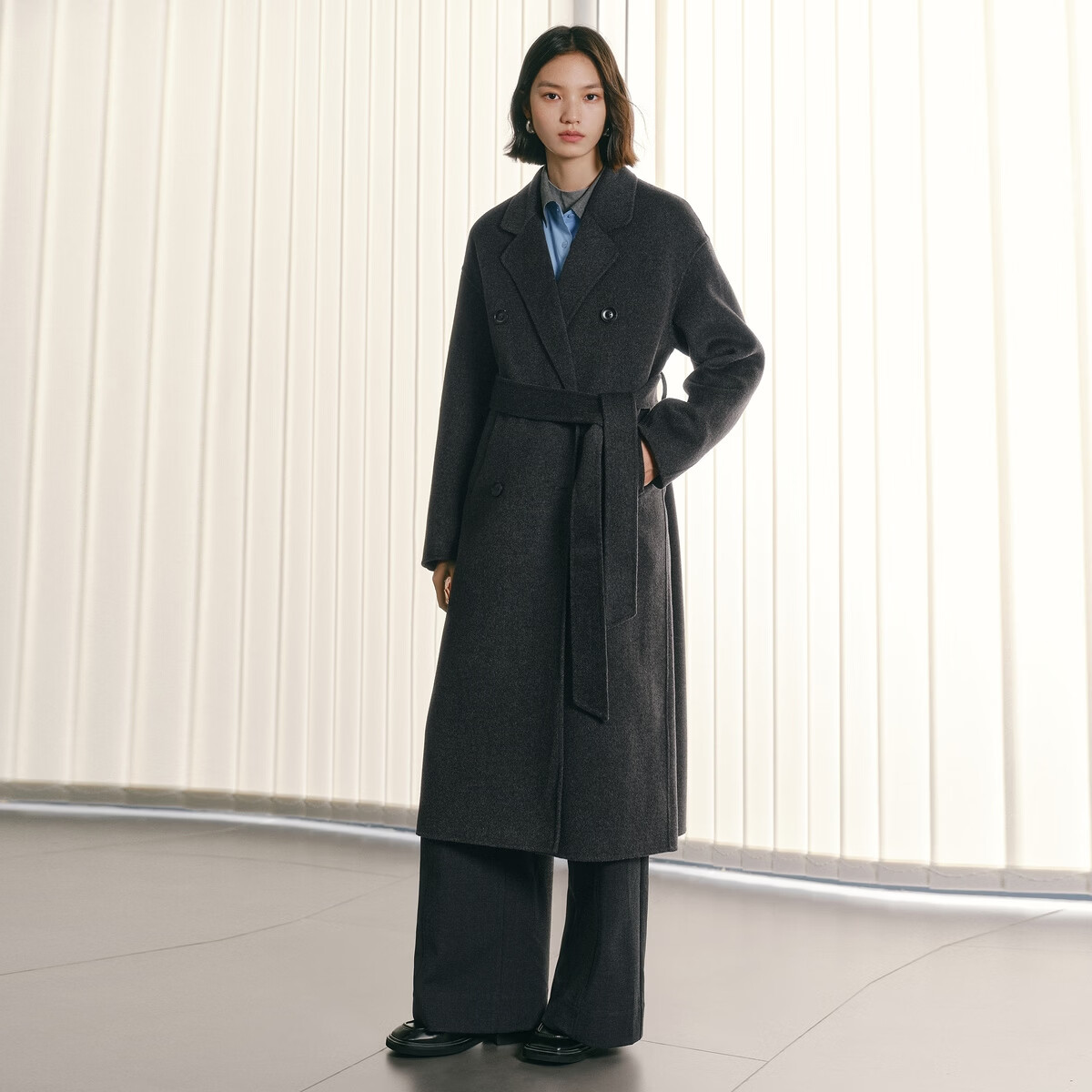 太平鸟大师甄绒甄毛系列新中式优雅双面呢大衣冬季毛呢外套合集 经典双面呢大衣灰色 常规 M