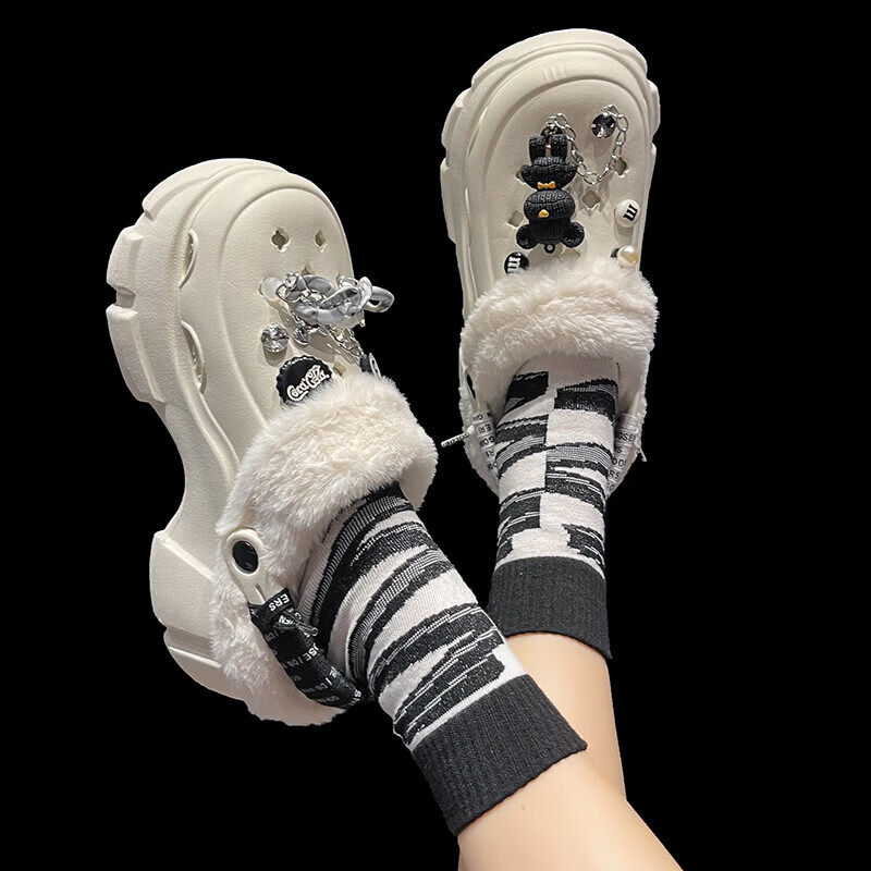 【精选】洞洞鞋女加绒外穿2024秋冬新款可拆卸厚底可爱包头保暖棉 白色【绑带】可拆卸棉套 34 -35