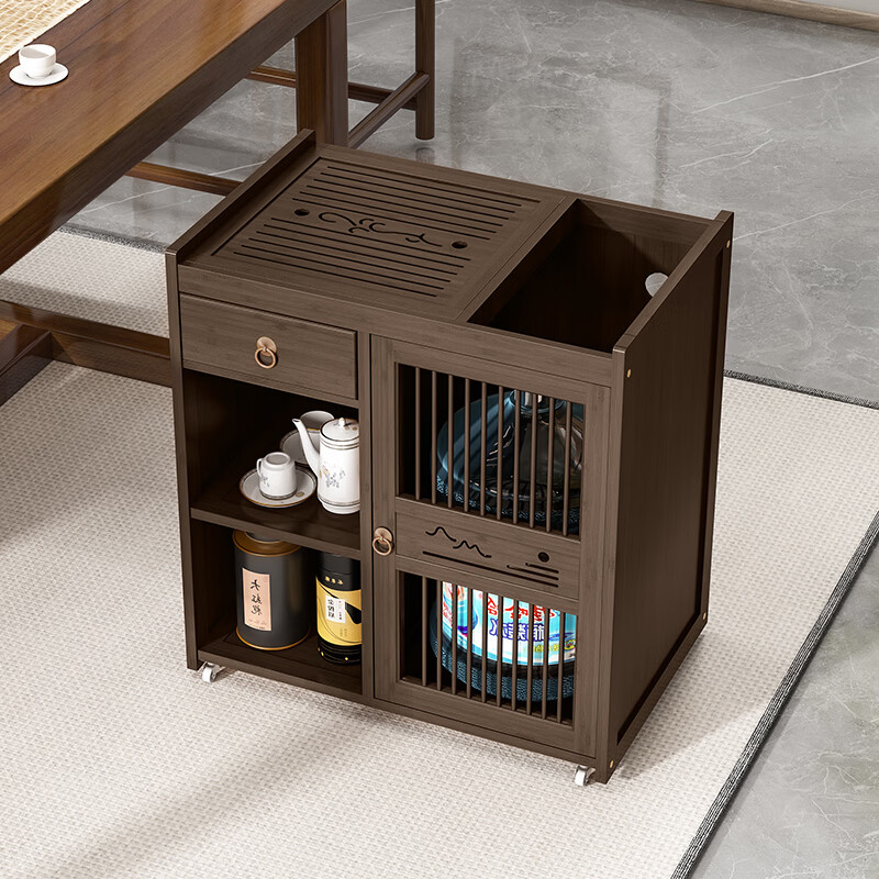 心怡君【顺丰送货上门】移动茶桌茶水柜带轮茶车功夫茶几烧水一体边柜 胡桃色长63cm 单门+抽屉【顶部不带盖板】