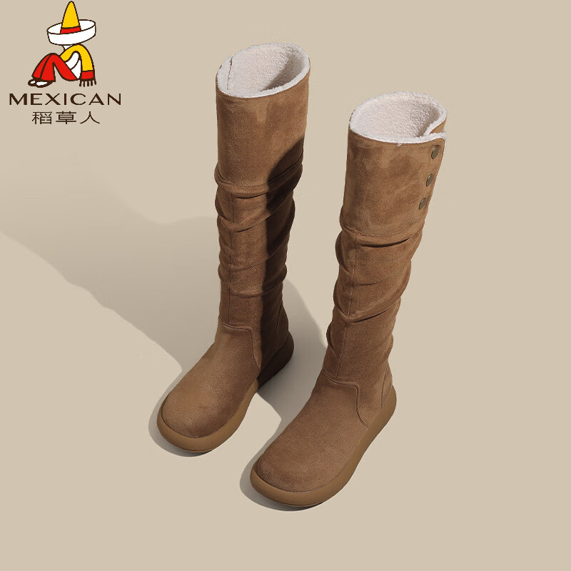 稻草人（MEXICAN）复古长筒靴女2026新款冬季加绒加厚保暖不过膝棉鞋显瘦两穿雪地靴 驼色 35