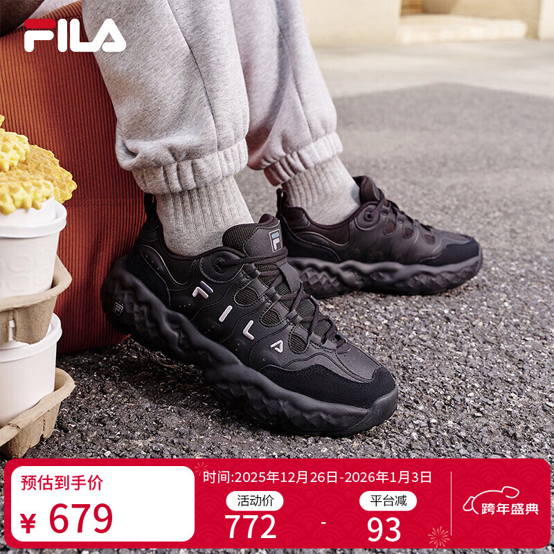 FILA易烊千玺同款|斐乐官方松饼鞋男鞋老爹鞋2025秋季新款鞋子休闲鞋 黑-BK 42