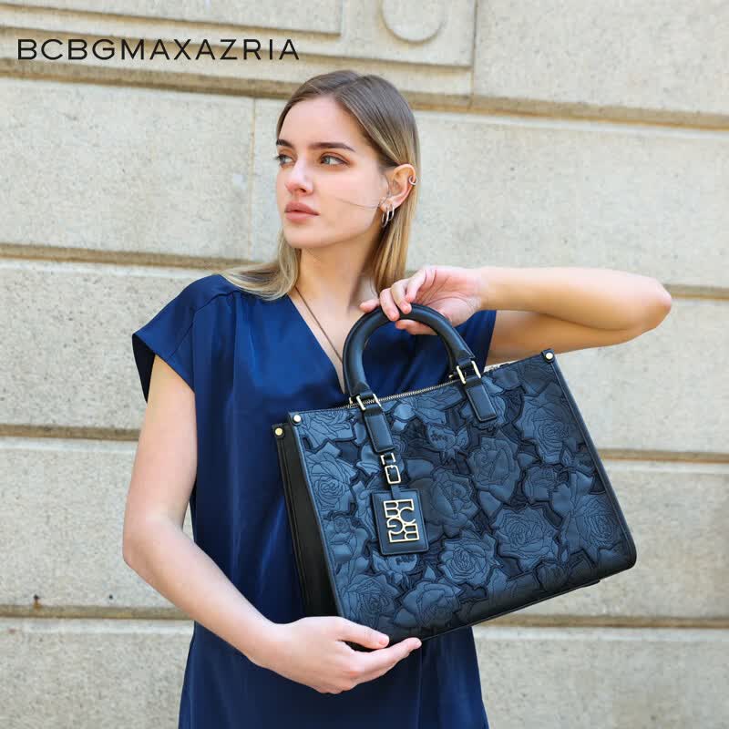 BCBG Max Azria【头层牛皮玫瑰雕花】手提女包轻奢大牌托特包2026新款单肩斜挎包 黑色(京仓直发)