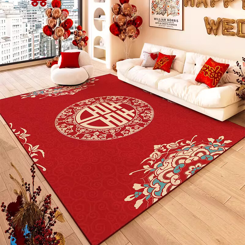 KAYE结婚客厅地毯红色高级感沙发地垫婚房喜字卧室床边毯子喜庆茶几毯 SJR-K大囍日子-01 120X160cm