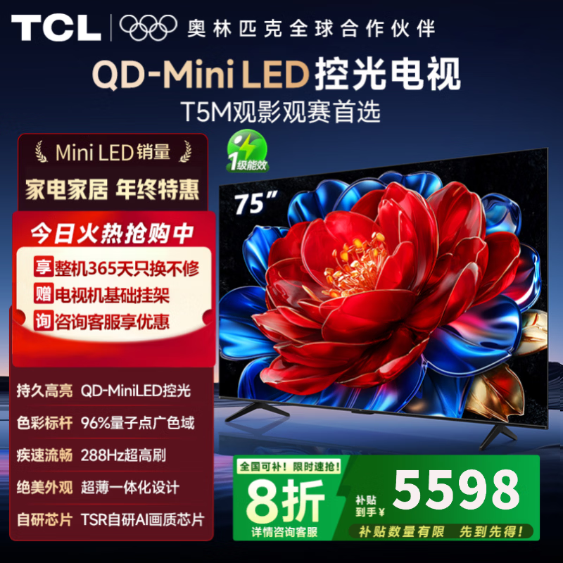 TCL电视 75T5M 25年新款电视 75英寸高性价比 QD-Mini LED控光 288Hz高刷  WiFi6 超薄 国家补贴 75英寸 【热销爆款】 咨询客服领优惠