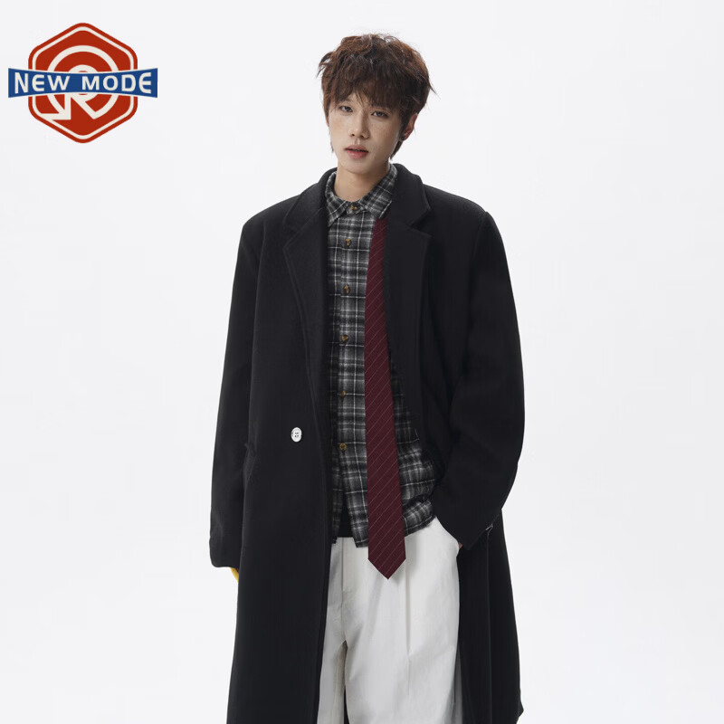 NEW OR MODE假两件高级感毛呢大衣男士冬季新款可拆卸连帽中长款过膝加棉外套 黑色夹棉 M 【建议90-110斤】