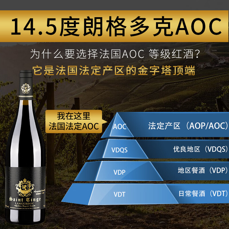 圣汀格法国珍藏AOC级14.5度原瓶进口红酒 一箱整箱干红葡萄酒礼盒装 整箱装配开瓶器 750ml*6瓶