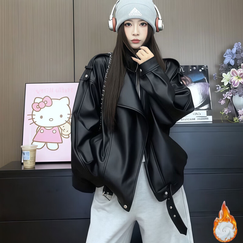 MODX皮衣女2026冬季新款复古宽松百搭加绒皮夹克女翻领皮衣外套 黑色(荔枝纹) 【原版】 L 111-125斤