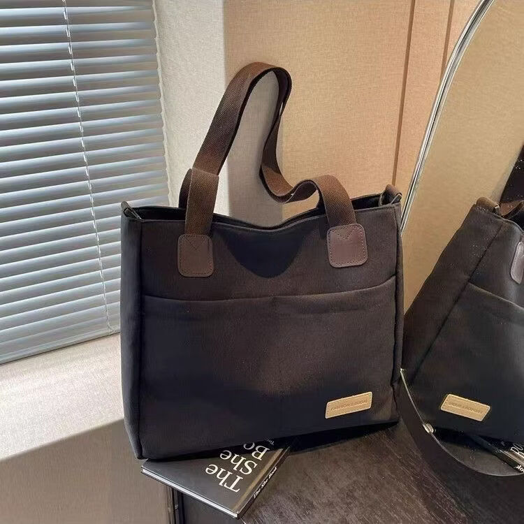 【精选】设计日系拉链通勤加厚帆布托特包休闲文艺学生简约单肩斜 黑色