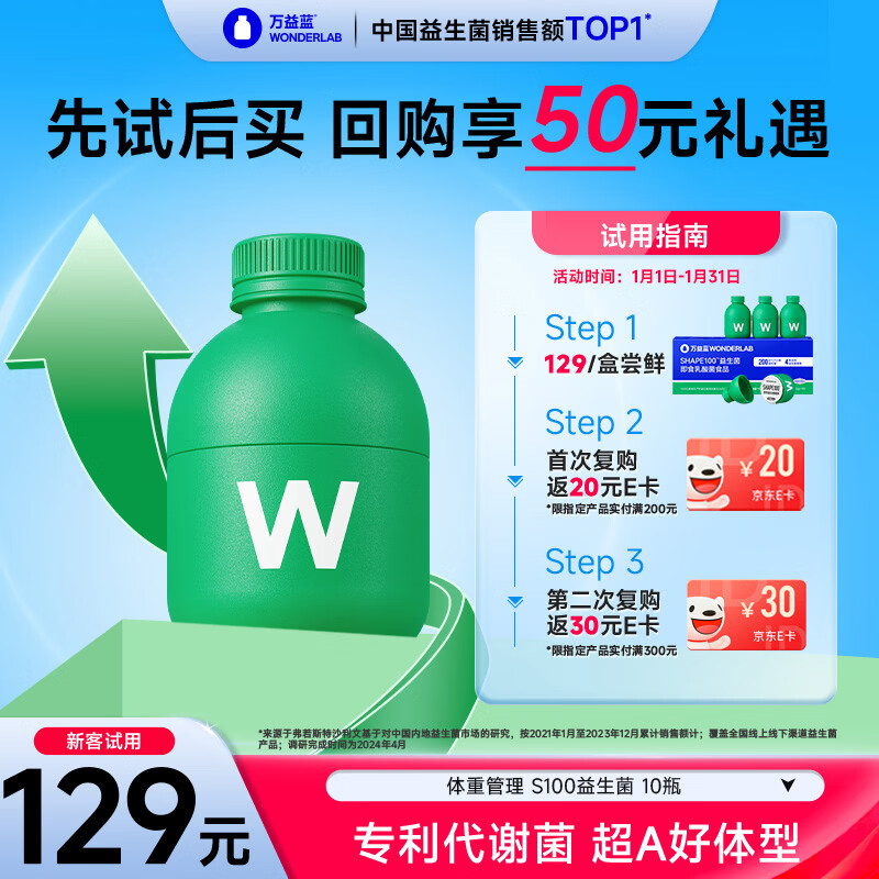 万益蓝WonderLab S100益生菌 菌群管理法 成人 提代益生菌燃粉脂谢10瓶