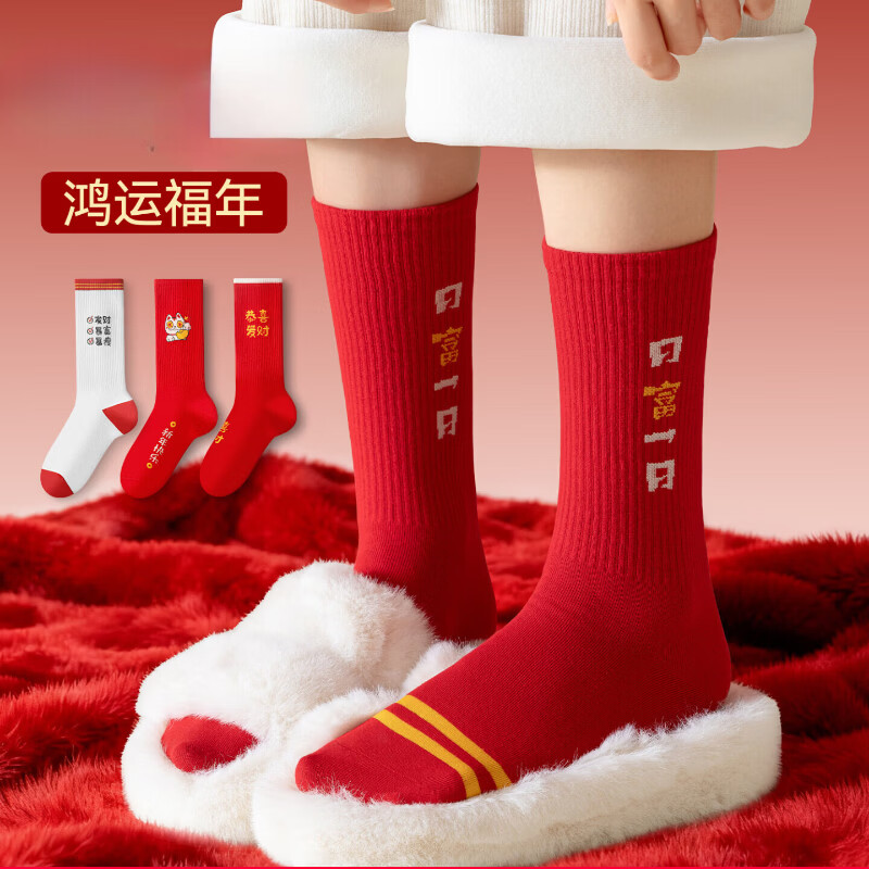 雅鹿本命年红色袜子男女同款新年袜暴富袜男士女士中筒袜鸿运骐骥红 招财猫+福袋+日富一日+恭喜发财+心愿必达 5双 均码