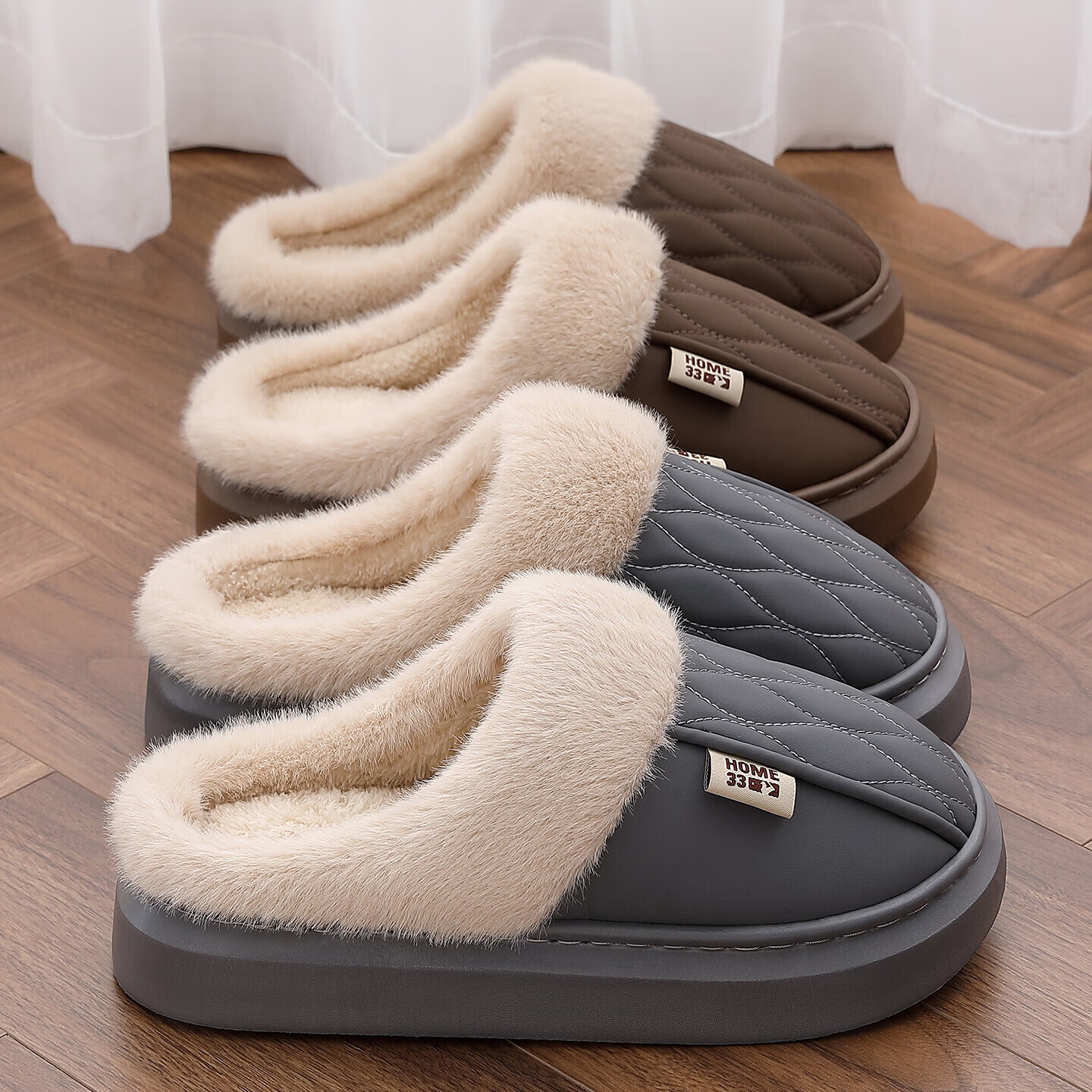 FZT防水棉拖鞋女士2025冬季新款毛绒防滑厚底简约情侣居家棉拖鞋男士 灰色 44-45 正码