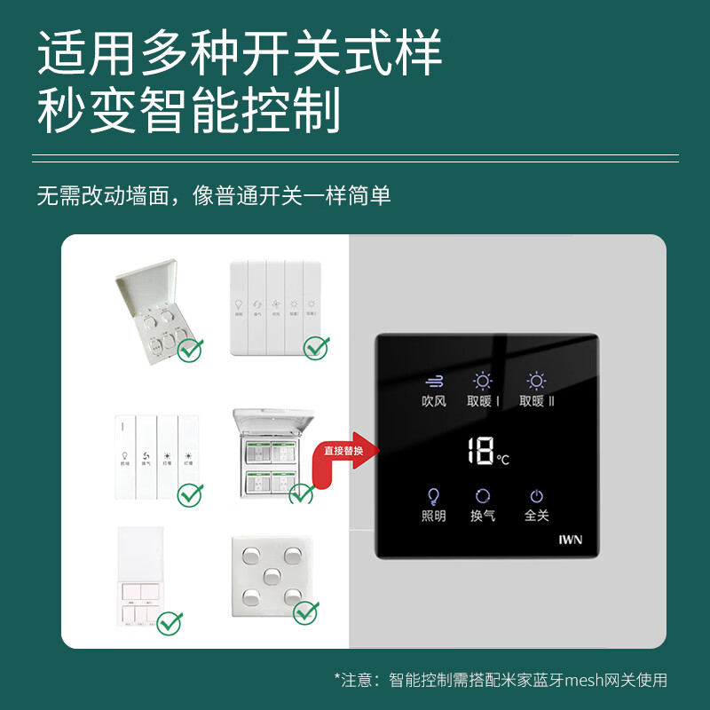 iWN浴霸智能开关蓝牙mesh已接入米家APP五开合一浴室卫生间风暖面板 【Mesh2.0智能版】 皓月白 单零火通用已接入米家APP