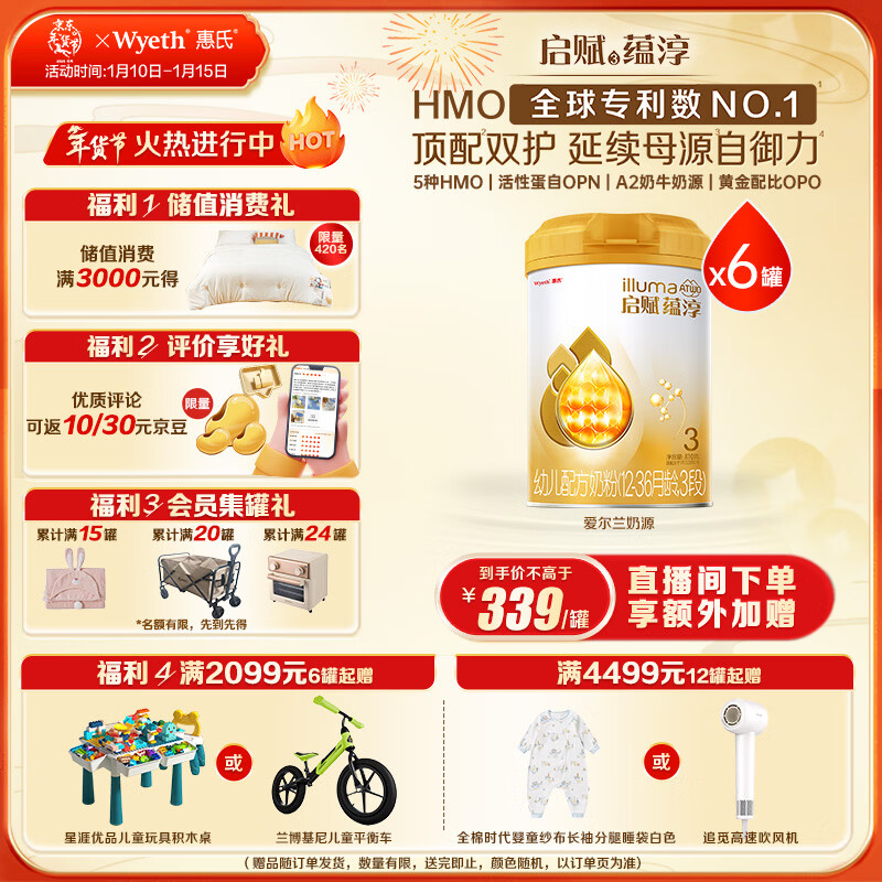 惠氏（Wyeth）启赋蕴淳A2进口HMO幼儿配方奶粉3段（12-36月）810g*6罐
