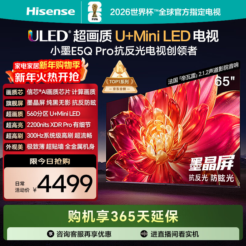 海信电视小墨E5Q Pro 65英寸 560分区U+MiniLED 信芯芯片抗反光防眩光墨晶屏国家补贴世界杯65E5Q-PRO 65英寸