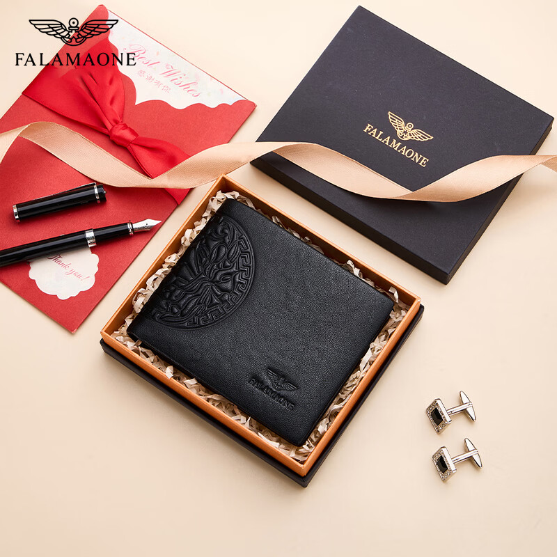 FALAMAONE短款男士钱包真皮商务头层牛皮钱夹七夕礼物送男朋友老公兄弟朋友 QB002/顺丰空运【实木礼盒】 代写贺卡打印照片联系客服