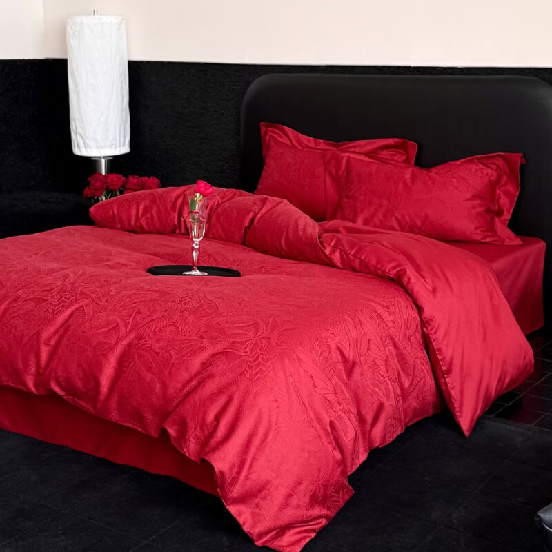 ROLAND LIVE全棉长绒棉红色婚庆提花四件套喜庆结婚被套床单新年床上用品 LB长绒棉提花套件-栖木里 1.2米床 床单款 |【被套150*200cm】