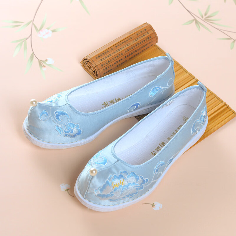 內(nèi)聯(lián)升布鞋女新款手工千層底女鞋復(fù)古翹頭漢服鞋傳統(tǒng)繡花鞋 蘭色 36