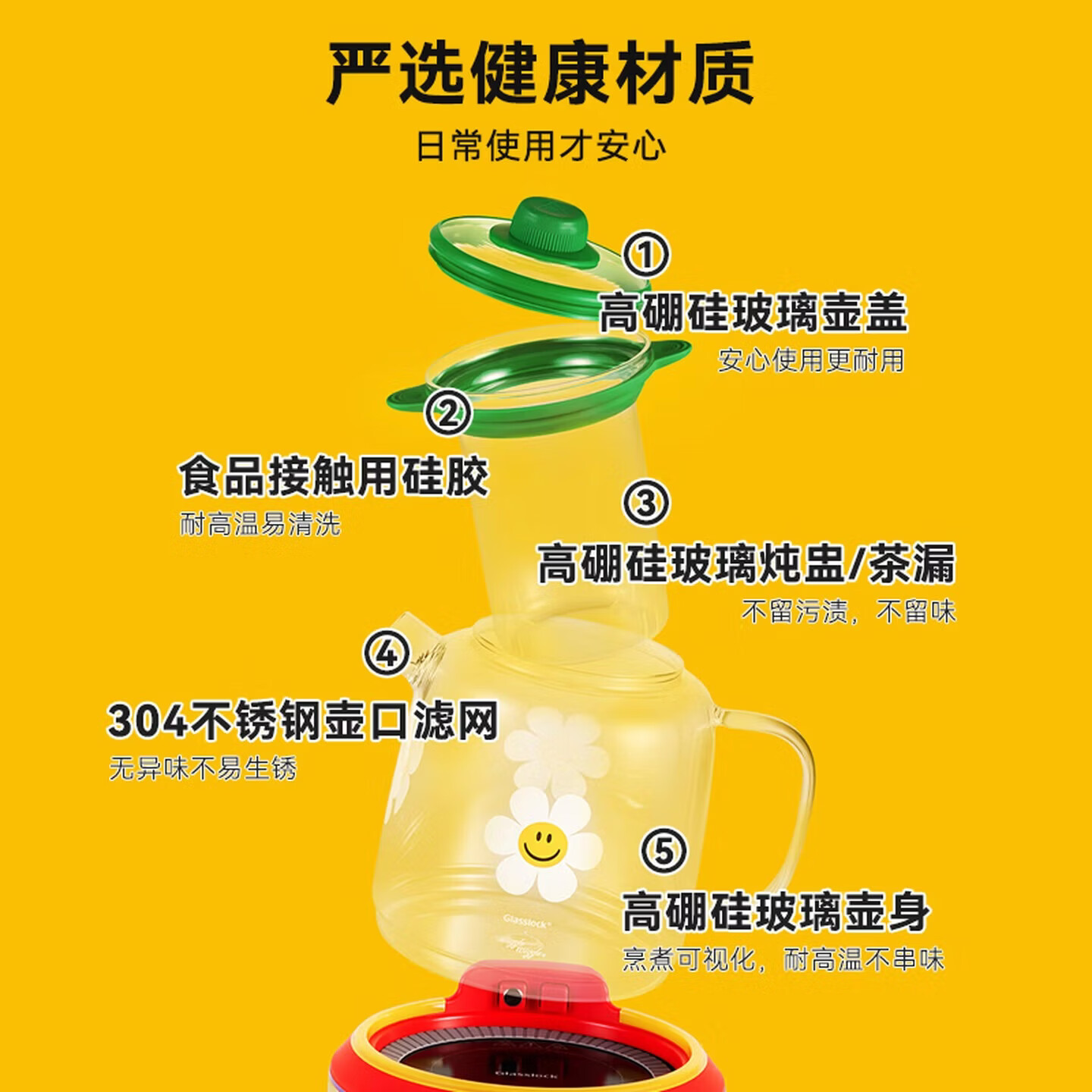 GLASSLOCK盖朗&WiggleWiggle养生壶全玻璃恒温母婴级0胶水0塑料接触泡奶调奶器煮花茶烧水壶1.5L 1.5L wiggle联名养生壶【配玻璃茶漏】