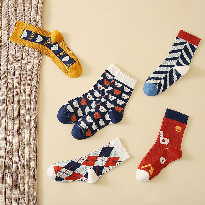六指鼠男童女童袜子儿童中筒袜男孩大童秋冬季厚棉童袜潮时尚彩条春秋 880双针彩色 5双 均码 建议7-16周岁(鞋33-36码/袜标10-15岁）