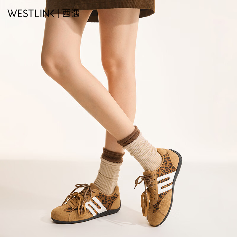 西遇（Westlink）软底德训鞋女2025新款秋季超火双鞋带豹纹休闲红色平底运动鞋 豹纹色 (预售15天） 38 (240)