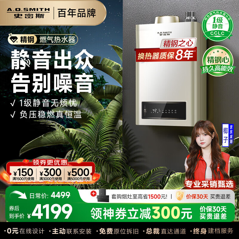 史密斯（A.O.SMITH）燃气热水器13升家电 一级静音精控恒温 精钢不锈钢换热器家用洗澡抗风防冻天然气TEW 13L 【1级静音】