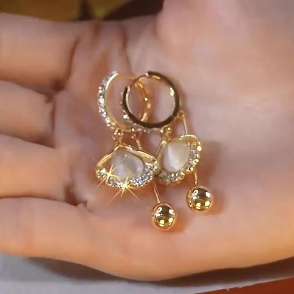 【气质百搭】韩式超仙镶钻耳环时尚设计感轻奢爆款银杏叶流苏耳饰 金色