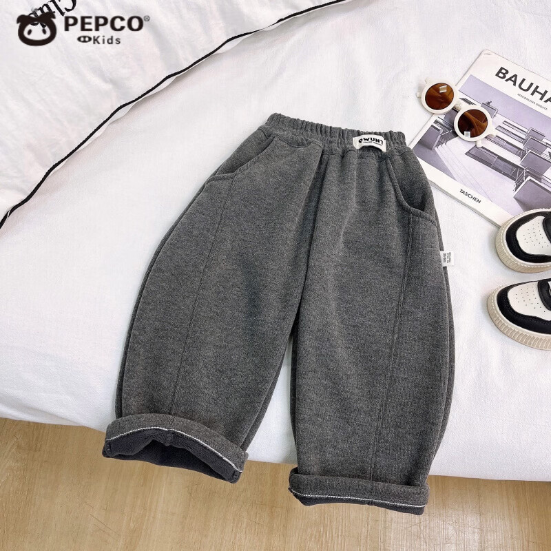 小猪班纳（PEPCO）冬季儿童裤子2025秋季新款韩版男童纯色宽松休闲裤宝宝洋气阔腿裤 糯米绒弯刀裤 160 cm