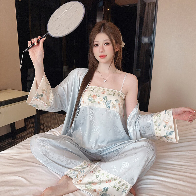 萧淑妃新中式国风睡衣女春夏凉感薄款冰丝复古少奶奶带胸垫三件套家居服 青瓷雅韵 XL 京东折扣/优惠券