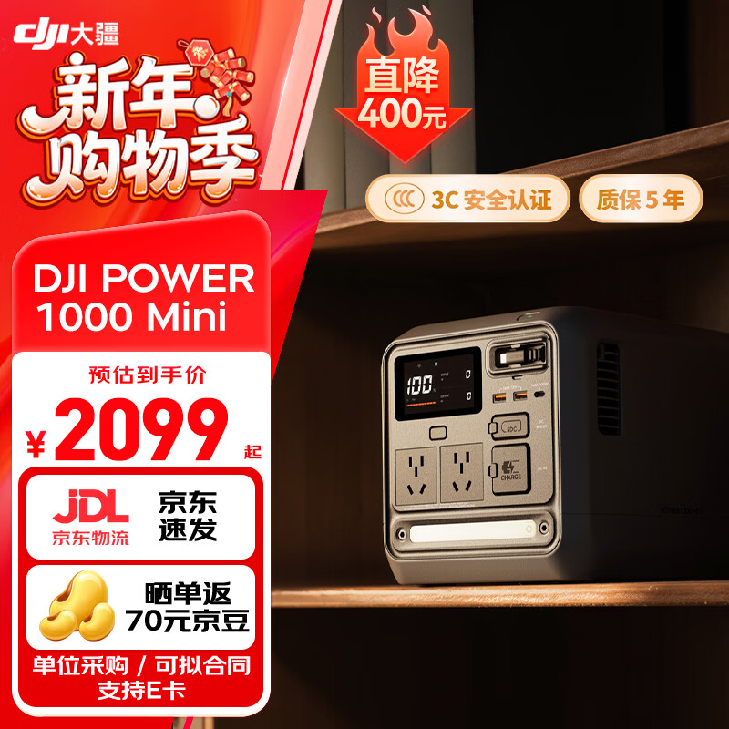 大疆（DJI） Power 1000 mini/v2/2000 便携户外移动电源户外电源 220V 露营1度电车载应急备用移动储能电源 1000W 1008Wh 1000 Mini【新品】 官方标配（