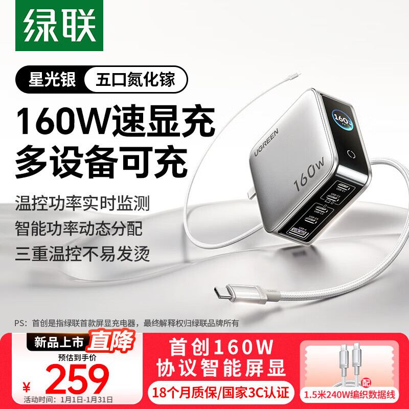 绿联速显充160W氮化镓屏显充电器套装适用PPS/PD100/140W苹果三星小米手机笔记本电脑多口Type-C快充头